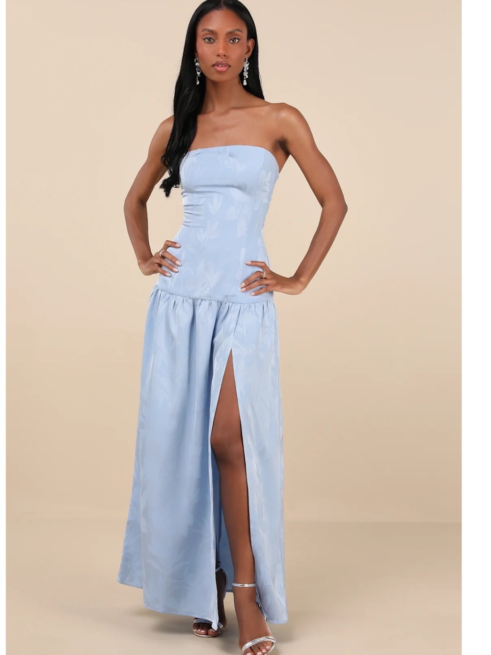 Lulus Gemmi Light Blue Satin Jacquard Drop Waist Strapless Maxi Dress Small NWT